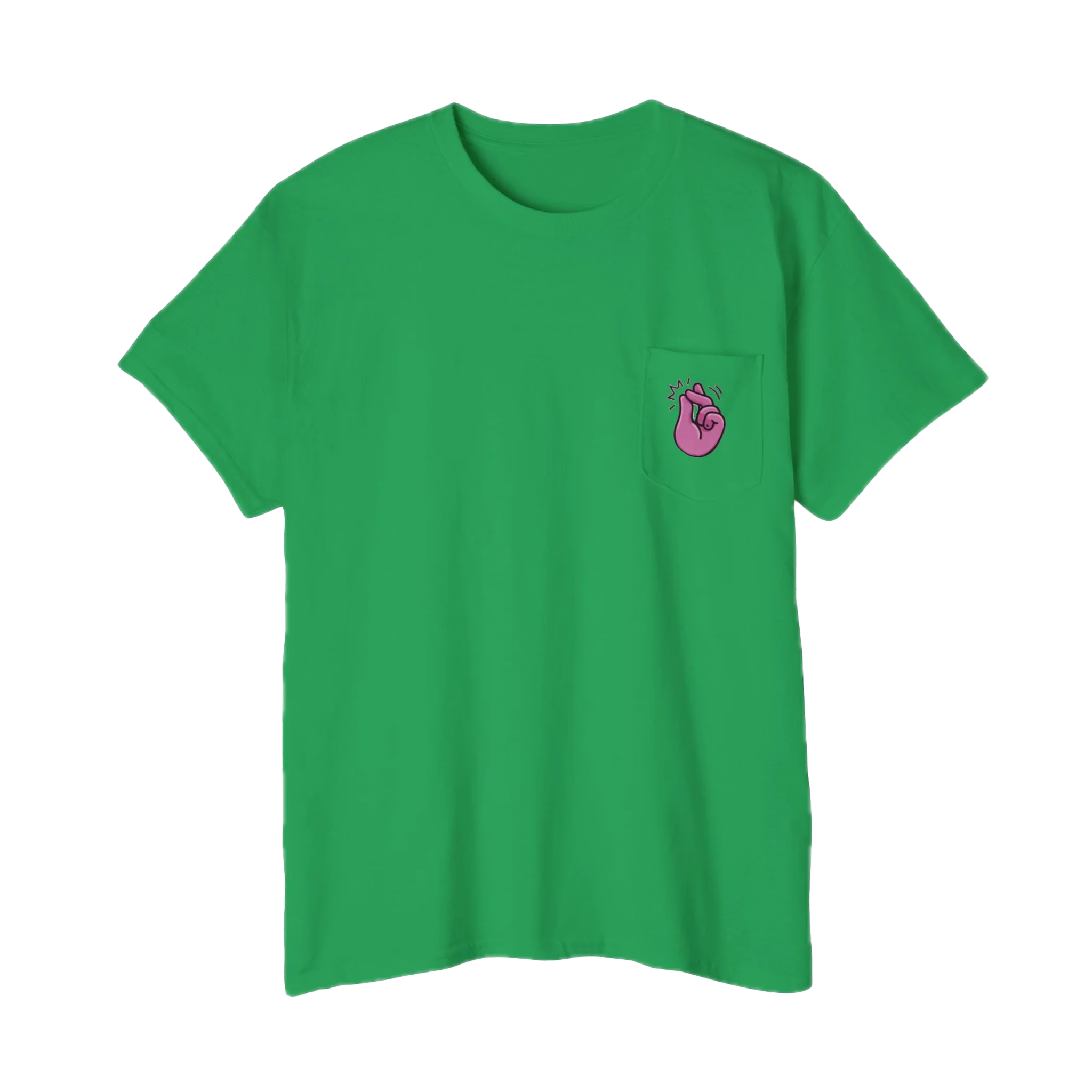 A FREEBRD Irish green classic cotton pocket t-shirt with a baby pink cartoon finger-snap 'Clock It' graphic printed on the front chest pocket.
