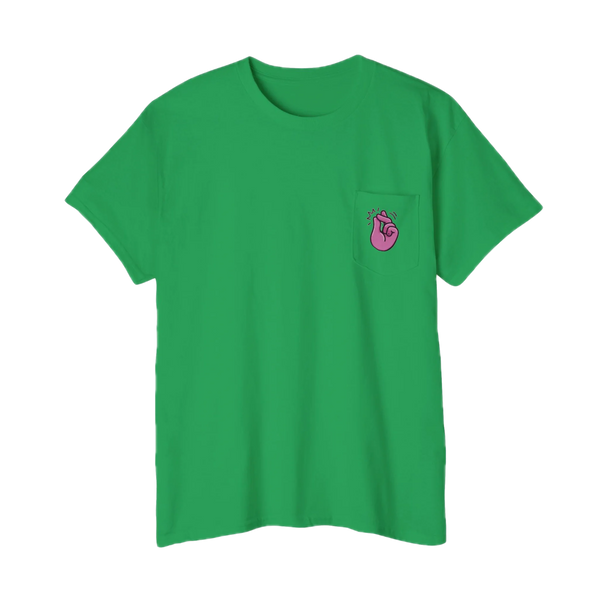 A FREEBRD Irish green classic cotton pocket t-shirt with a baby pink cartoon finger-snap Clock It graphic printed on the front chest pocket.