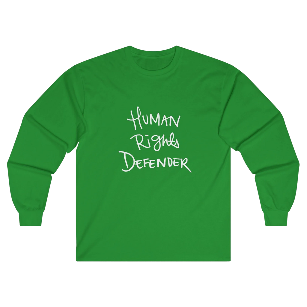 Irish Green Human Rights Defender long sleeve tee, front view.