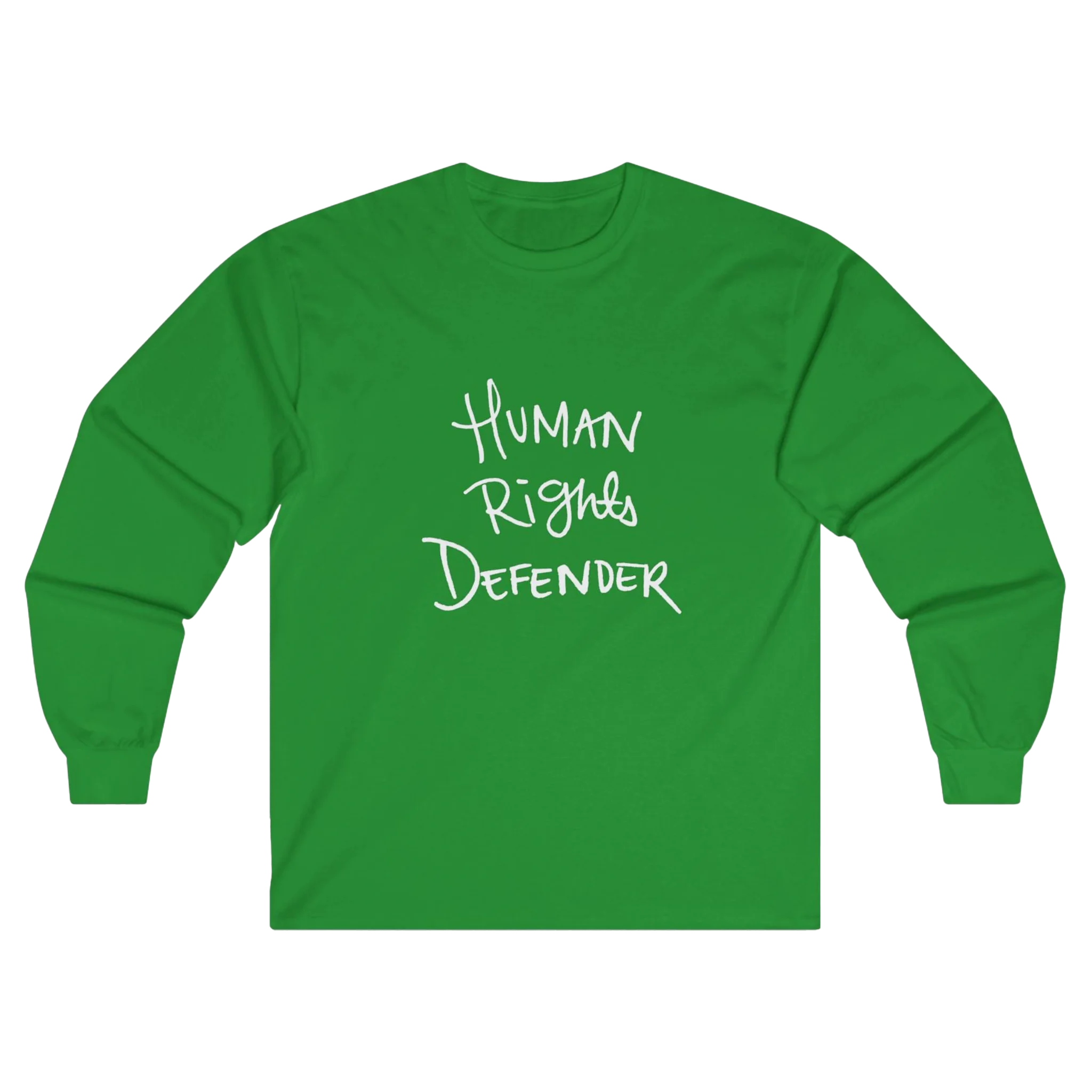 Irish Green Human Rights Defender long sleeve tee, front view.