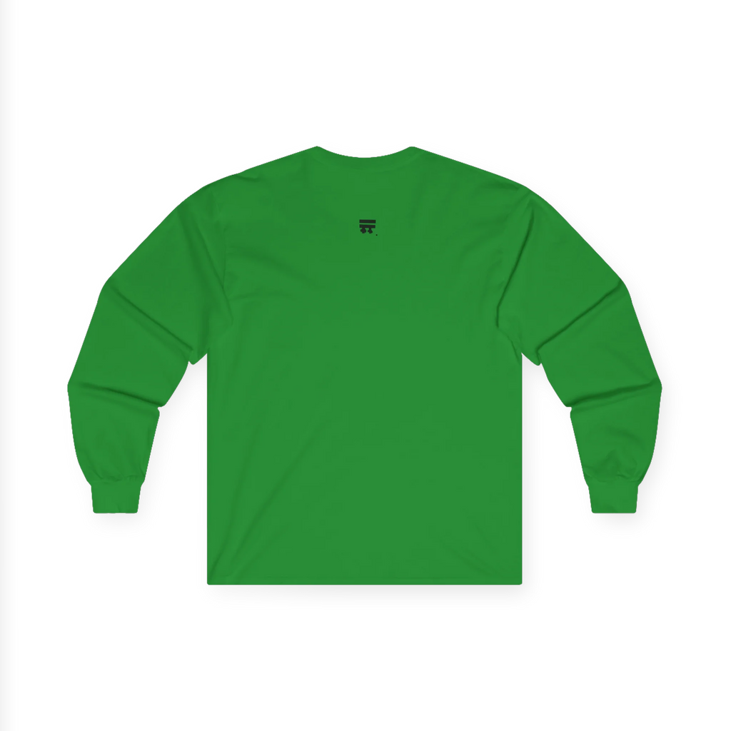 Irish Green Women's Rights long sleeve tee, handwritten Womens Rights Are Human Rights graphic, crew neck, back view.