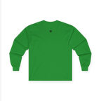 Irish Green Women's Rights long sleeve tee, handwritten Womens Rights Are Human Rights graphic, crew neck, back view.