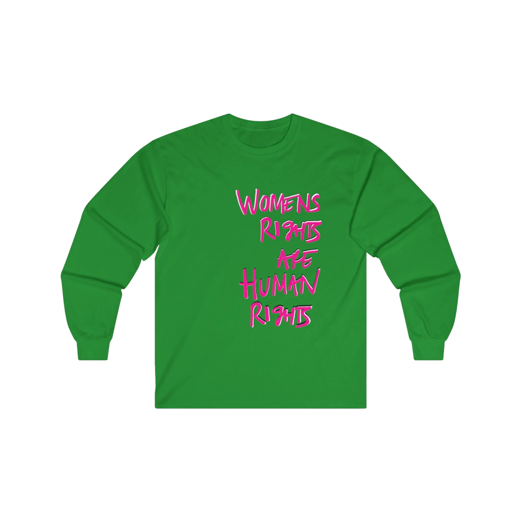 Irish Green Women's Rights long sleeve tee, handwritten Womens Rights Are Human Rights graphic, crew neck, front view.