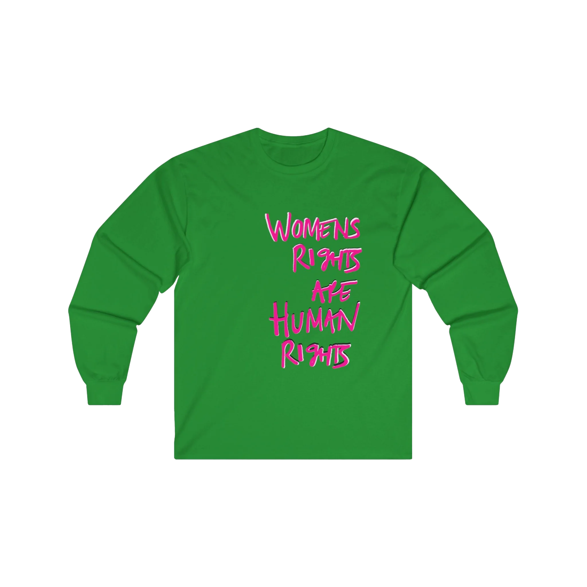 Irish Green Women's Rights long sleeve tee, handwritten Womens Rights Are Human Rights graphic, crew neck, front view.