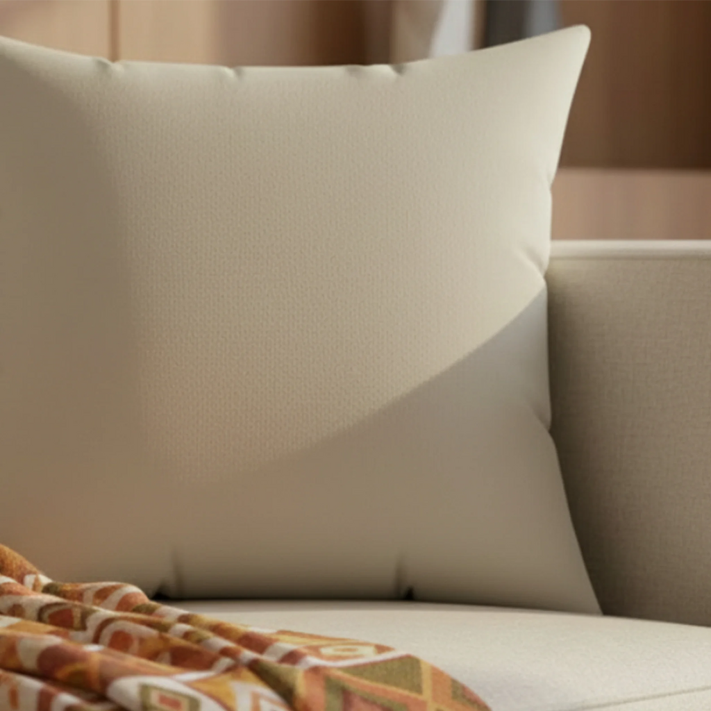 Ivory grey faux suede pillow styled on sofa, soft neutral minimalist home decor.