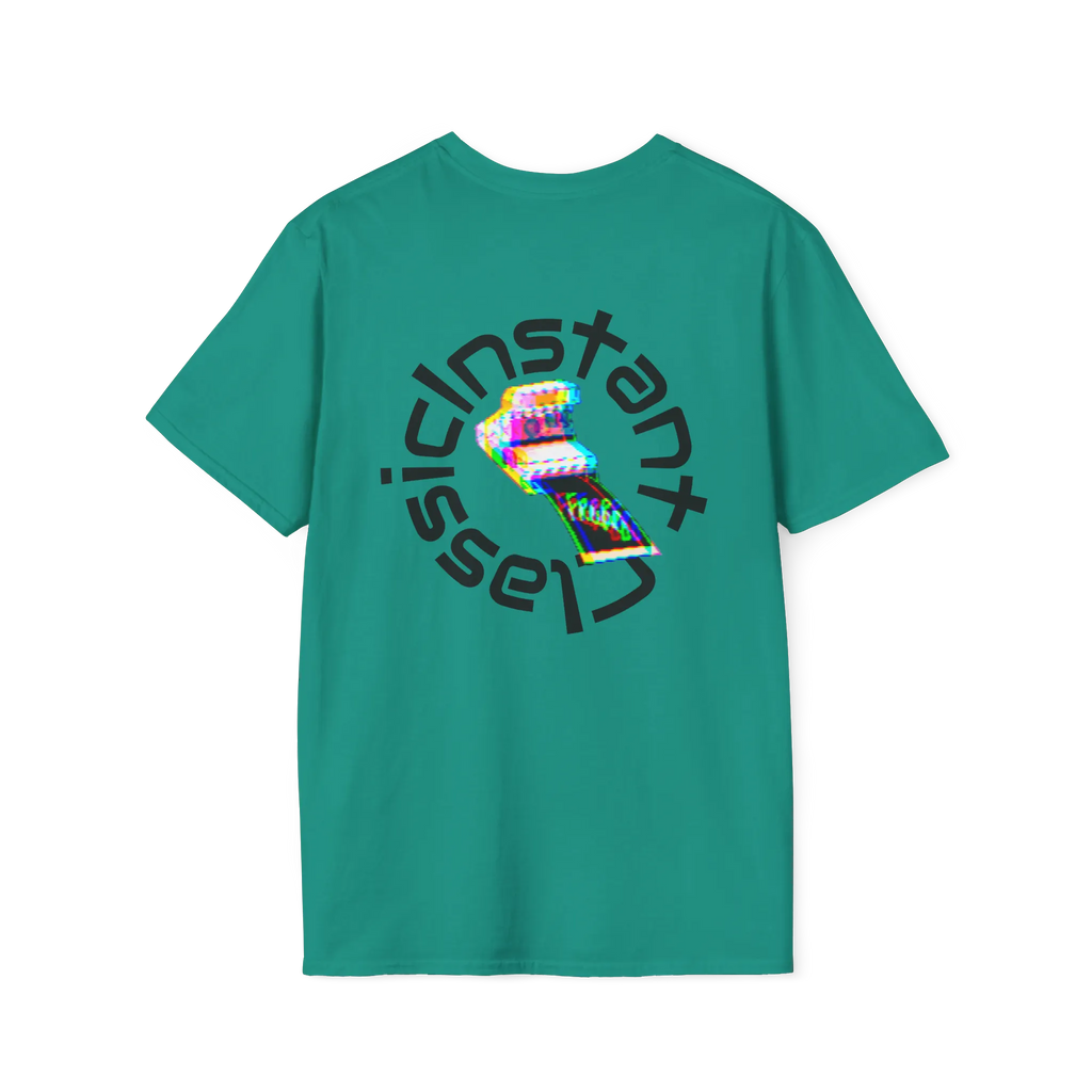 A jade dome t-shirt featuring a glitch art polaroid camera with Instant Classic circular text graphic on the back.