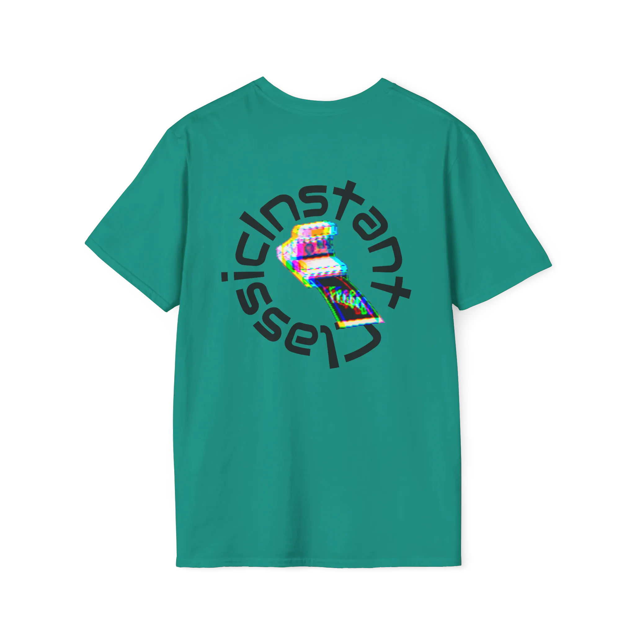A jade dome t-shirt featuring a glitch art polaroid camera with Instant Classic circular text graphic on the back.