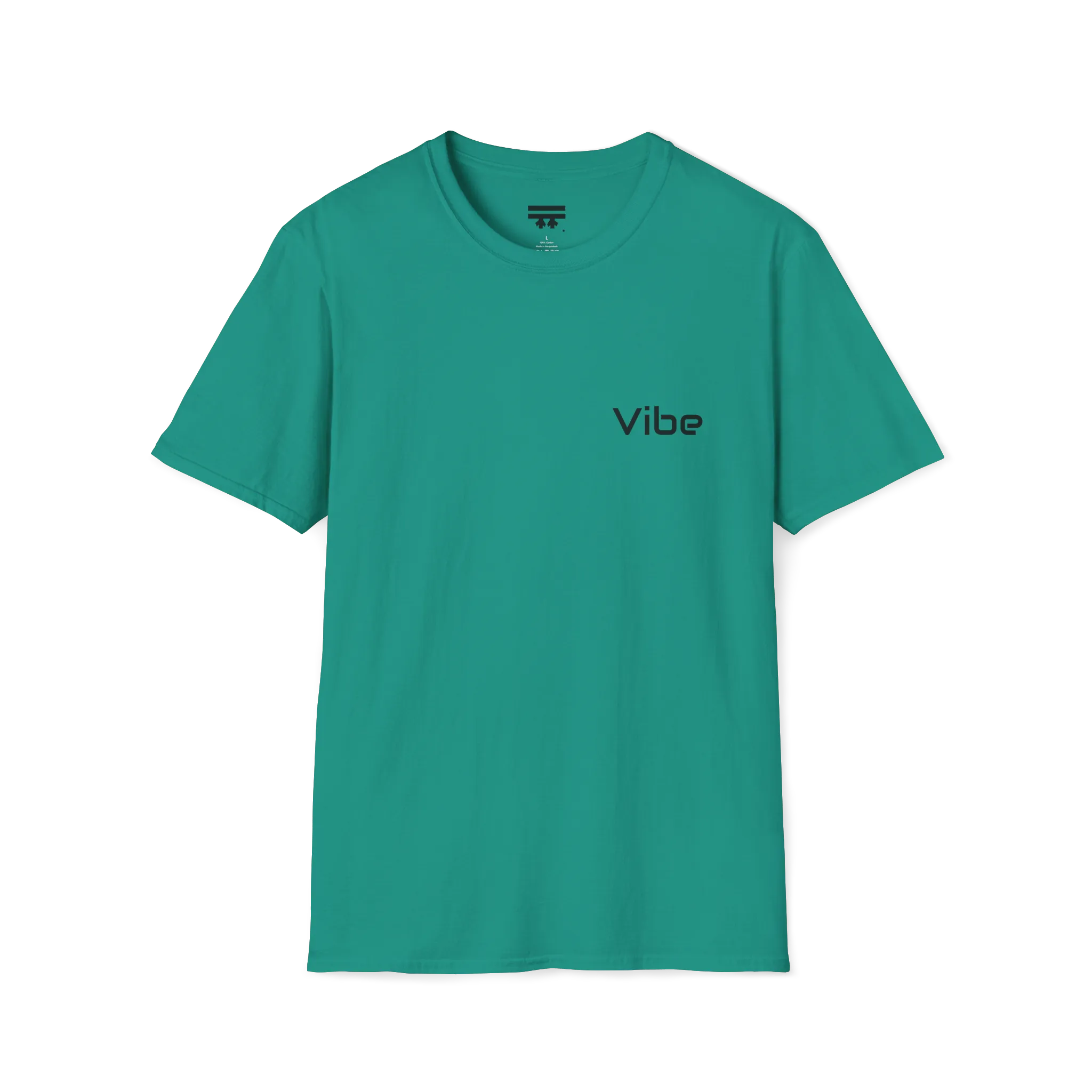 A jade dome t-shirt with a white Vibe wordmark on the left chest.