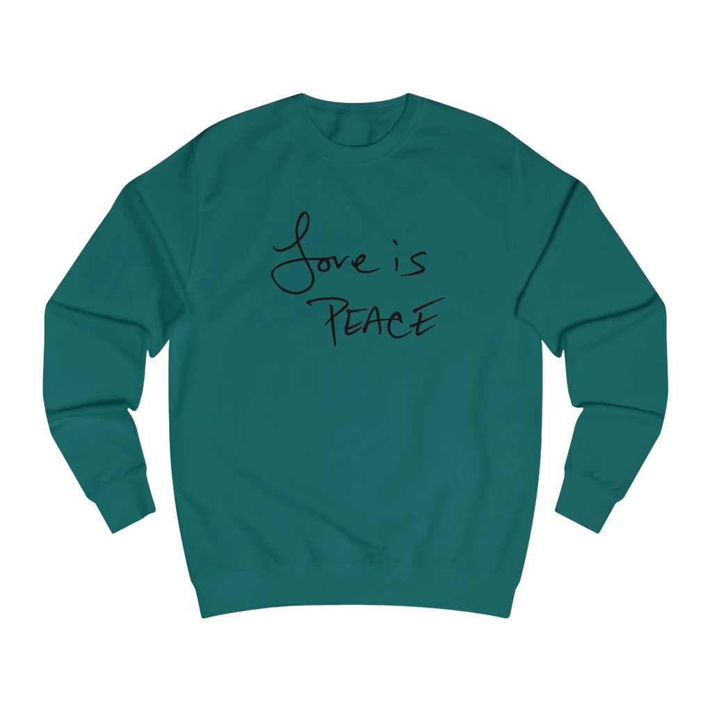 Jade Love is Peace crewneck sweatshirt, handwritten Love is Peace graphic, crew neck, front view.
