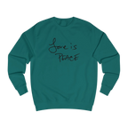 Jade Love is Peace crewneck sweatshirt, handwritten Love is Peace graphic, crew neck, front view.