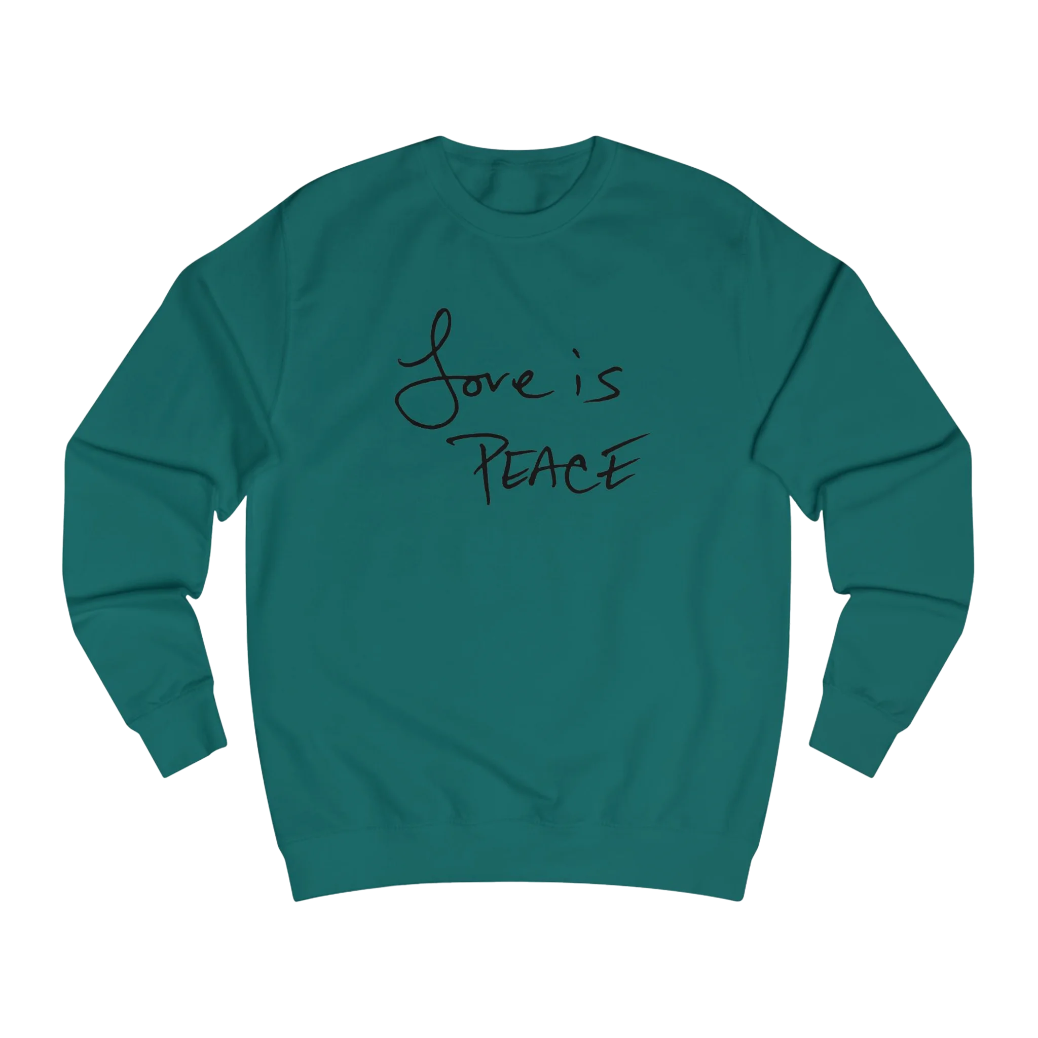 Jade Love is Peace crewneck sweatshirt, black print, front view.