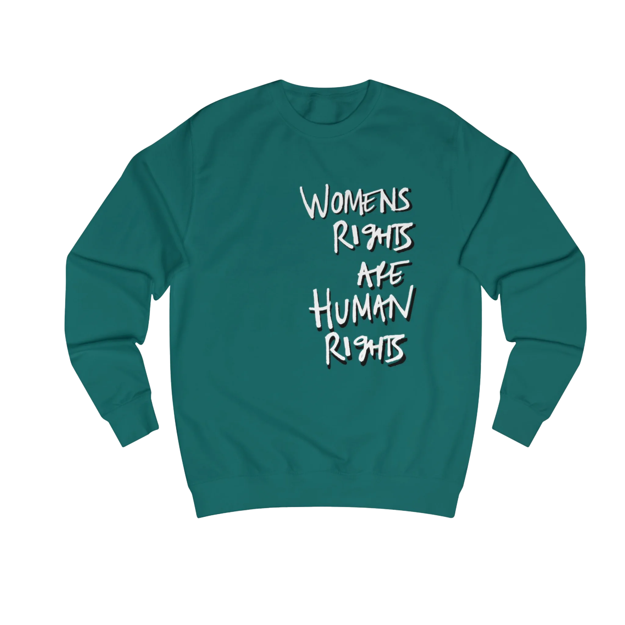 Jade Women's Rights sweatshirt, Womens Rights Are Human Rights graphic handwritten in white text, crew neck, front view.