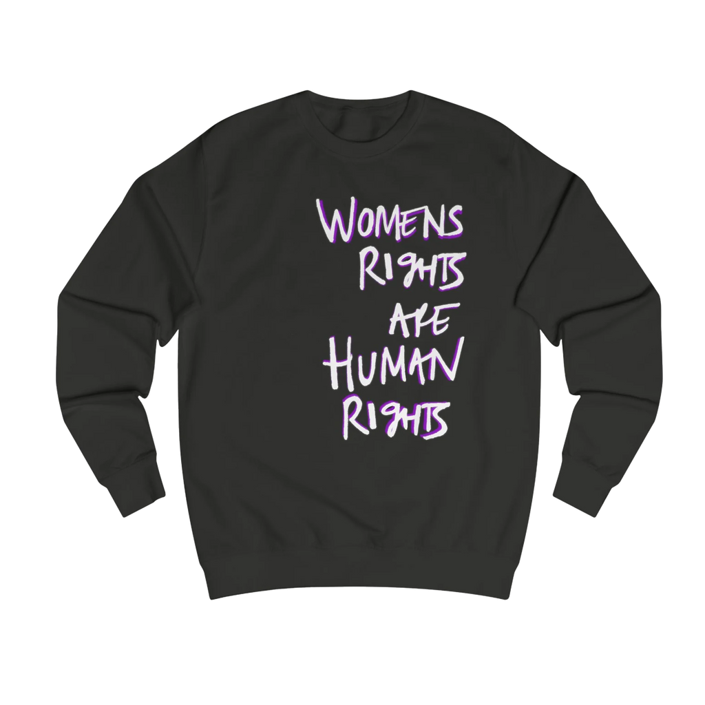 Jet black Women's Rights sweatshirt, Womens Rights Are Human Rights graphic handwritten in white text, crew neck, front view.