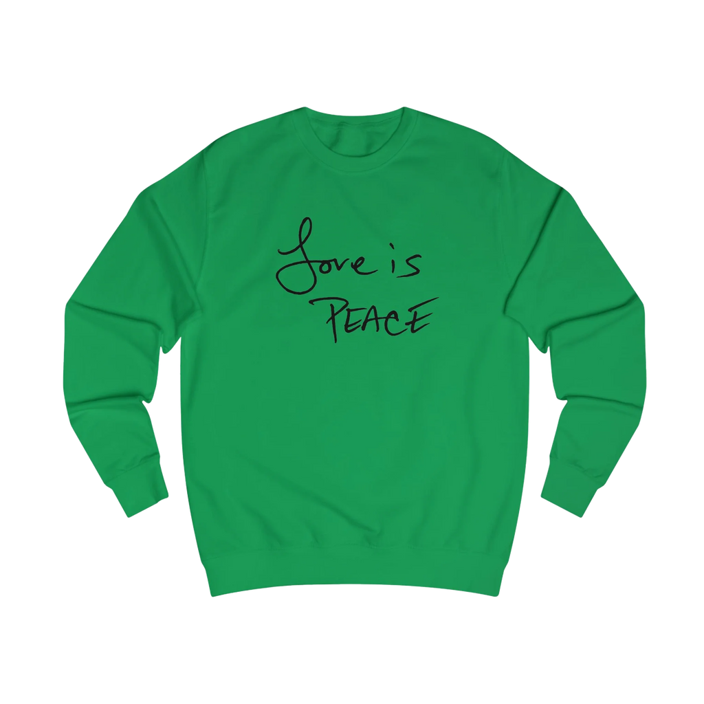 Kelly Green Love is Peace crewneck sweatshirt, handwritten Love is Peace graphic, crew neck, front view.