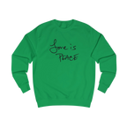 Kelly Green Love is Peace crewneck sweatshirt, handwritten Love is Peace graphic, crew neck, front view.