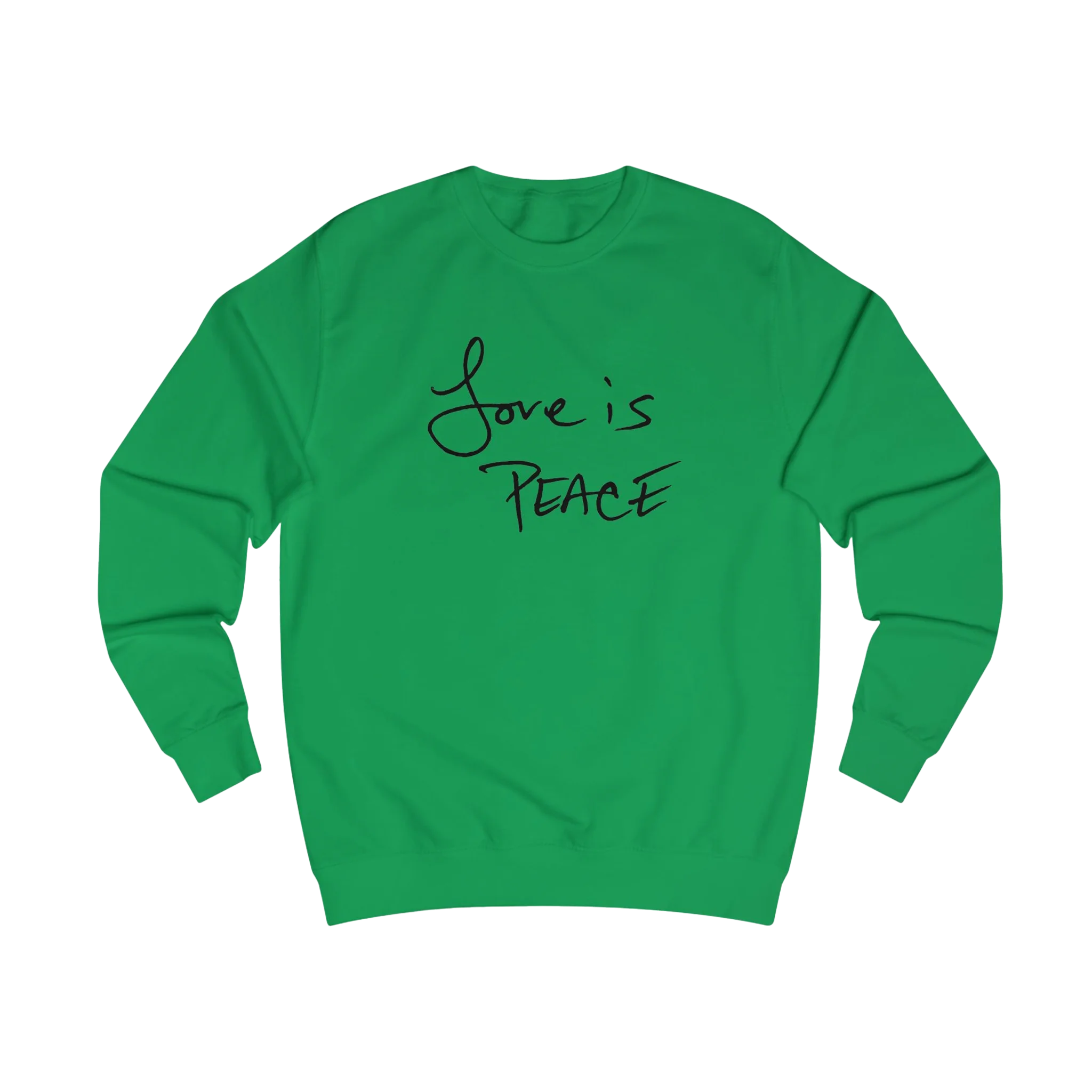 Kelly Love is Peace crewneck sweatshirt, black print, front view.