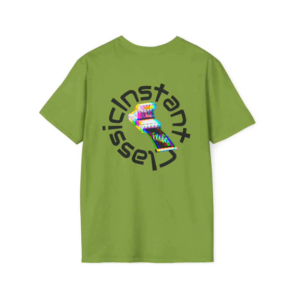 A kiwi t-shirt featuring a glitch art polaroid camera with Instant Classic circular text graphic on the back.