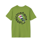 A kiwi t-shirt featuring a glitch art polaroid camera with Instant Classic circular text graphic on the back.