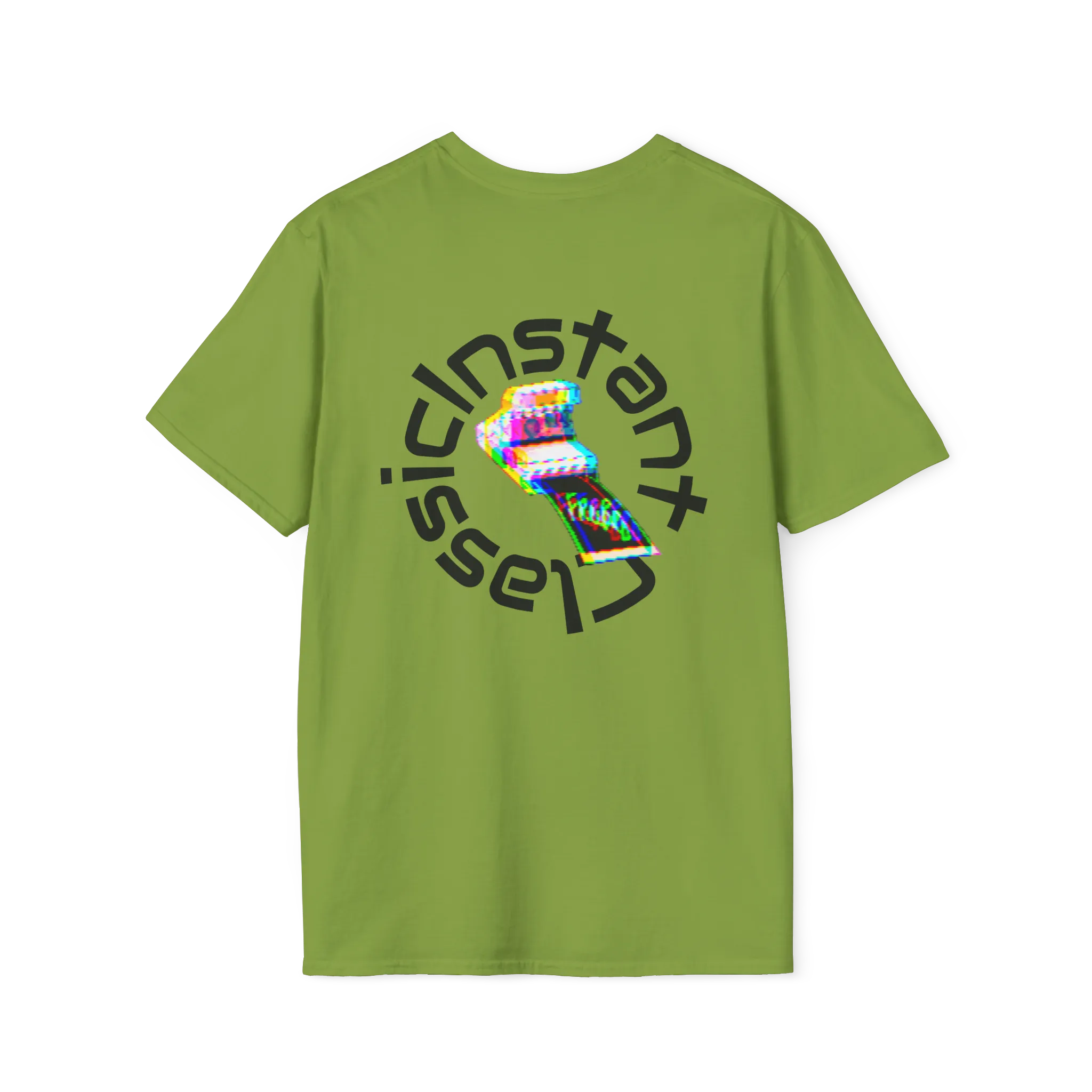 A kiwi t-shirt featuring a glitch art polaroid camera with Instant Classic circular text graphic on the back.