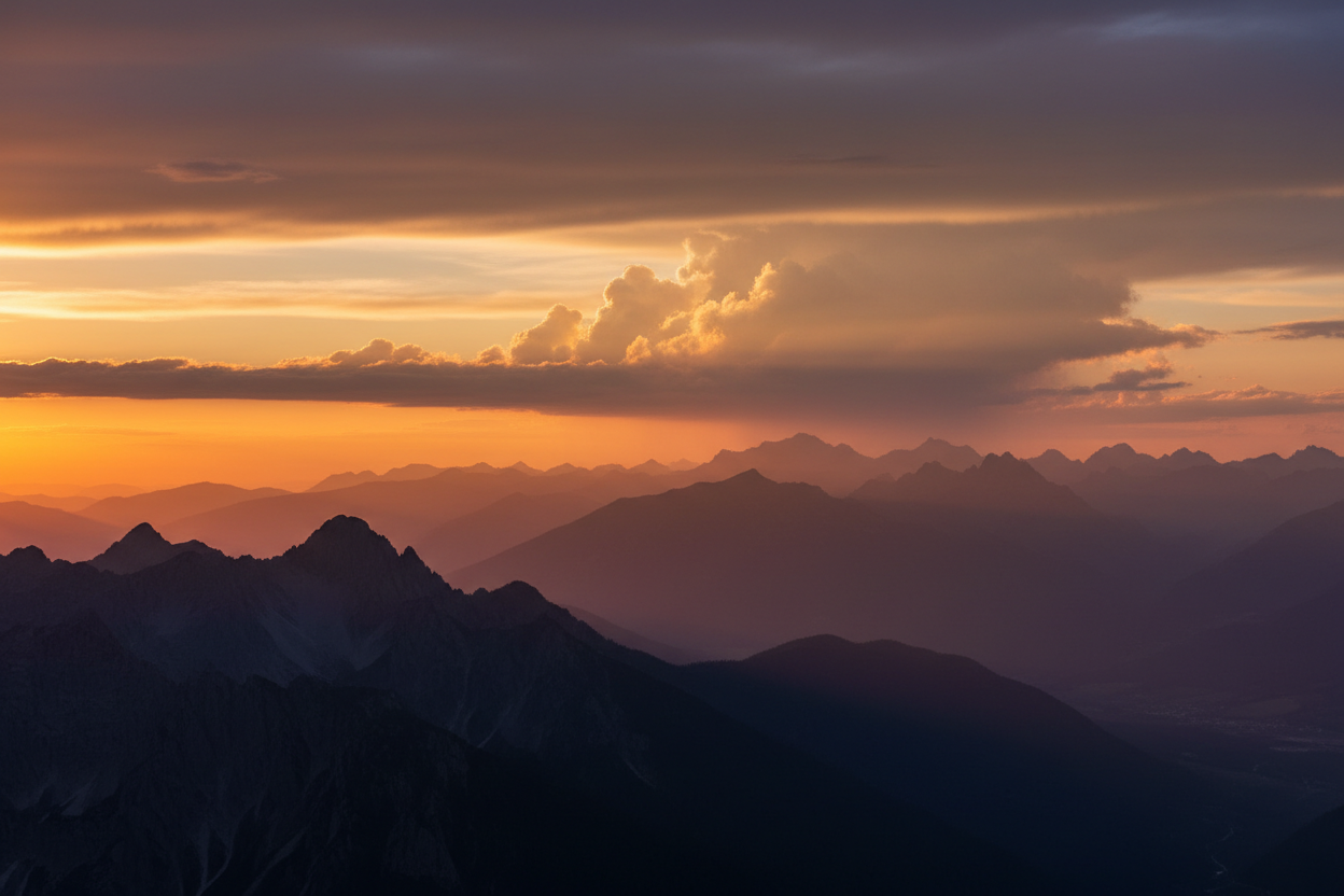 landscape view of a vast mountain range with a sunset 