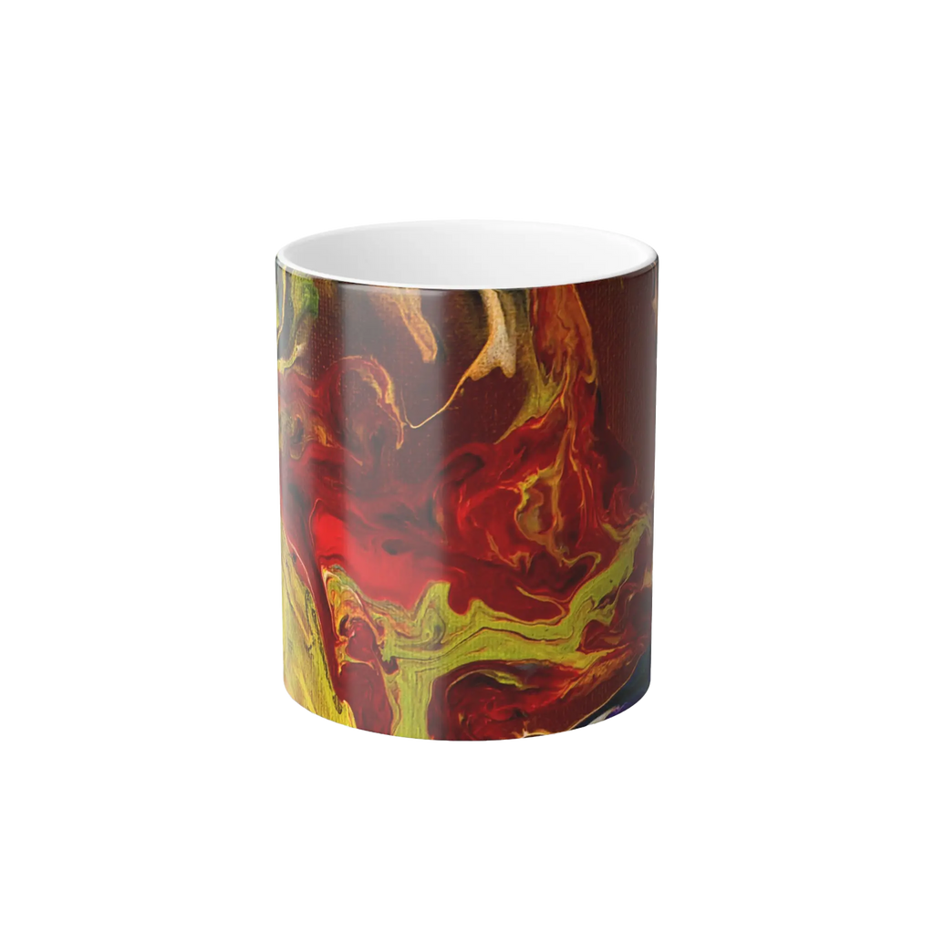 Freebrd Lava Swirl color changing ceramic mug front view showing vivid red gold and yellow abstract lava swirl design on glossy black exterior with white interior.