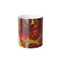 Freebrd Lava Swirl color changing ceramic mug front view showing vivid red gold and yellow abstract lava swirl design on glossy black exterior with white interior.