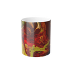 Freebrd Lava Swirl color changing ceramic mug front view showing vivid red gold and yellow abstract lava swirl design on glossy black exterior with white interior.