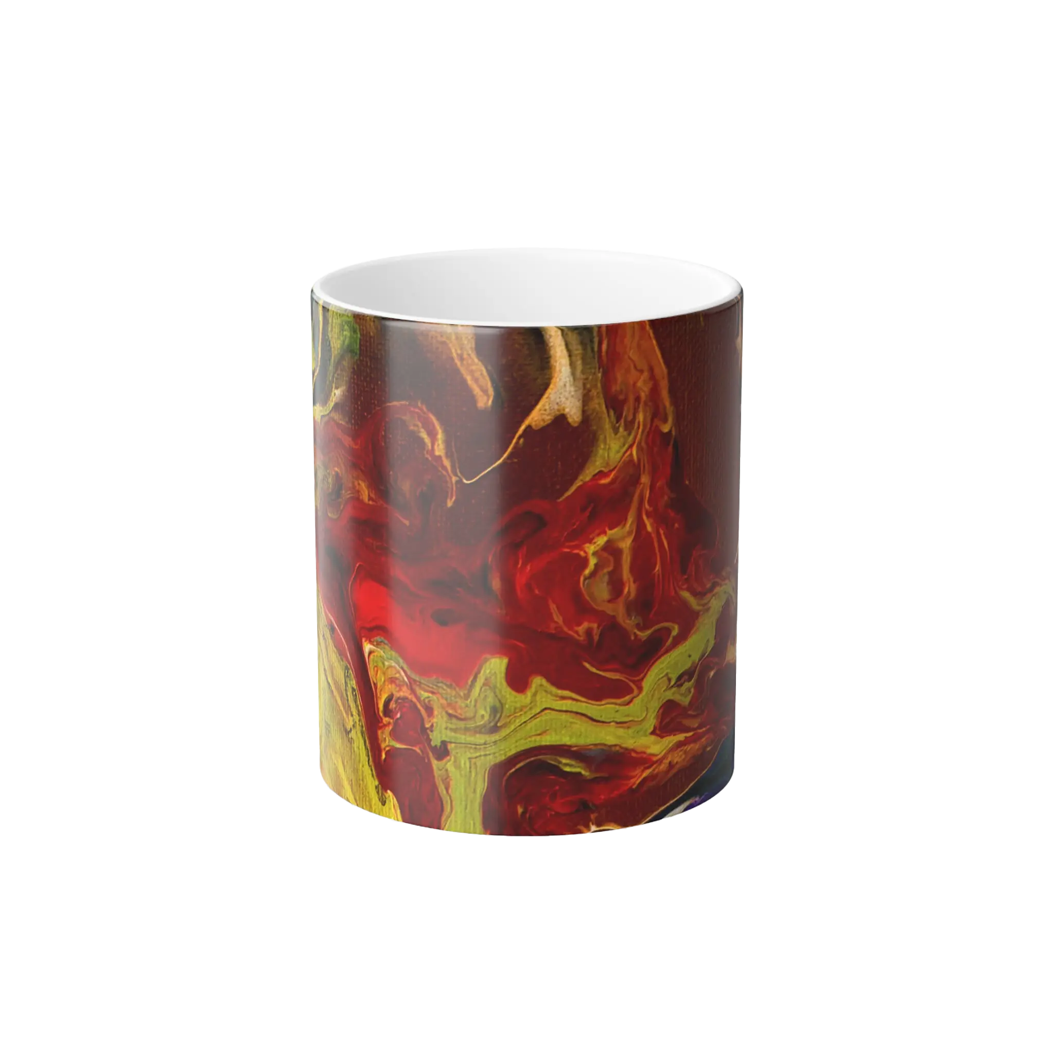 Freebrd Lava Swirl color changing ceramic mug front view showing vivid red gold and yellow abstract lava swirl design on glossy black exterior with white interior.