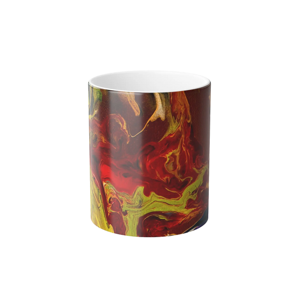 Freebrd Lava Swirl color changing ceramic mug front view showing vivid red gold and yellow abstract lava swirl design on glossy black exterior with white interior.