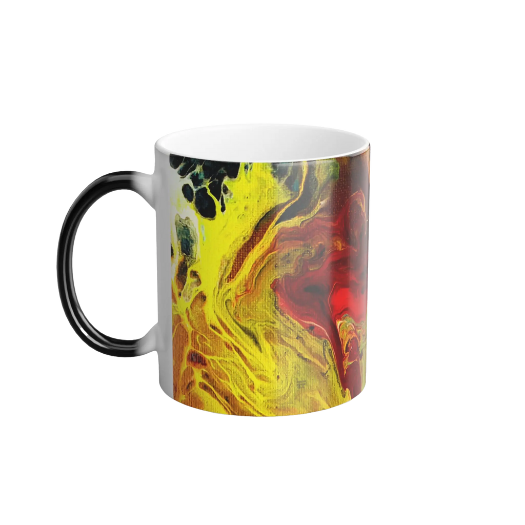 Freebrd Lava Swirl color changing ceramic mug left side view with vivid red gold and yellow abstract lava swirl design and black C-handle that turns white when hot.
