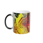 Freebrd Lava Swirl color changing ceramic mug left side view with vivid red gold and yellow abstract lava swirl design and black C-handle that turns white when hot.