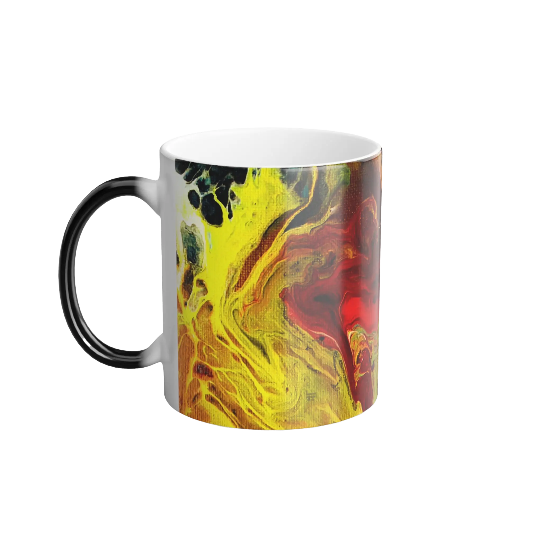 Freebrd Lava Swirl color changing ceramic mug left side view with vivid red gold and yellow abstract lava swirl design and black C-handle that turns white when hot.