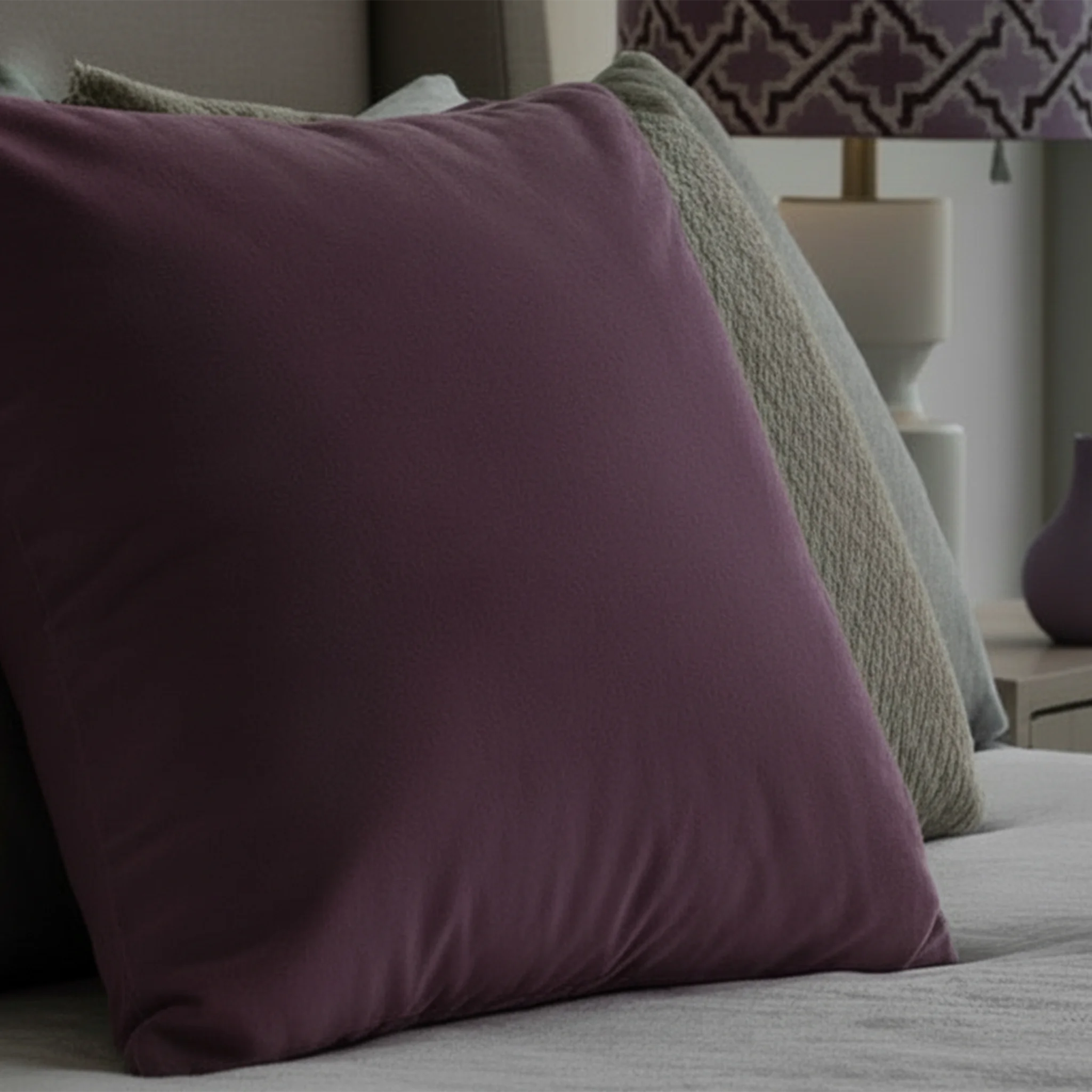 Lavender red faux suede pillow case styled on a bed in a modern bedroom.