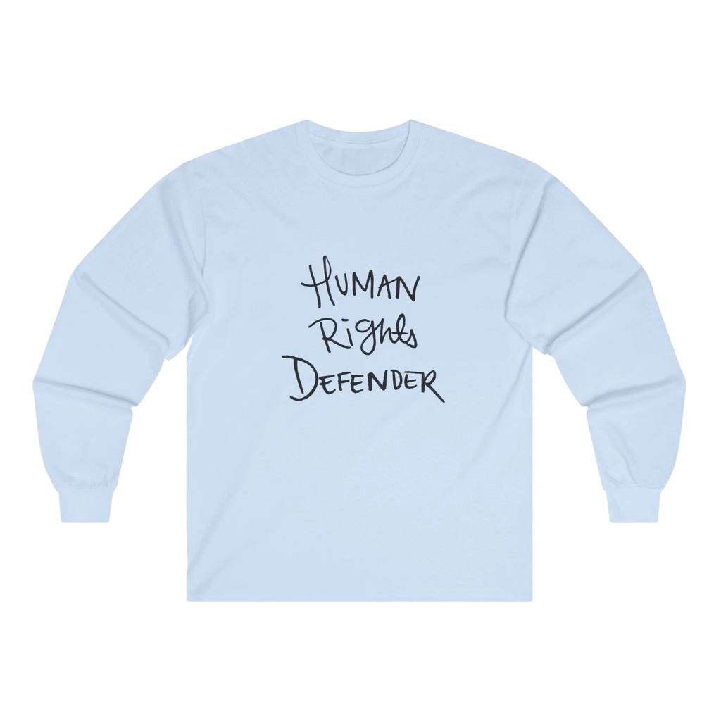 Light blue Human Rights Defender long sleeve tee, front view.