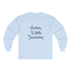 Light blue Human Rights Defender long sleeve tee, front view.