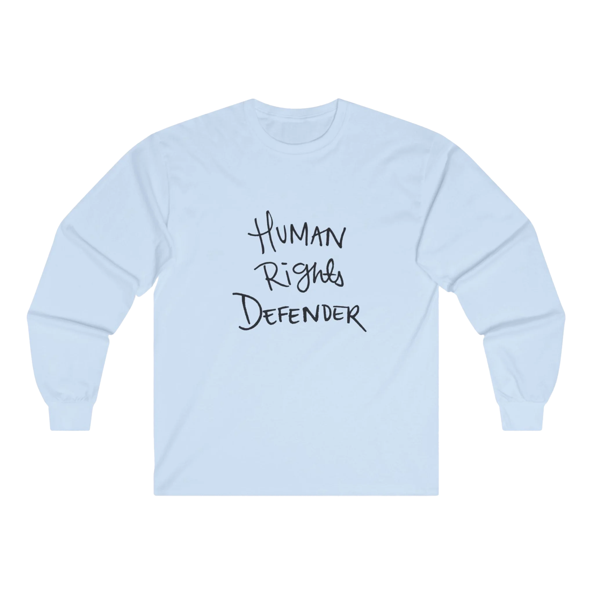 Light blue Human Rights Defender long sleeve tee, front view.