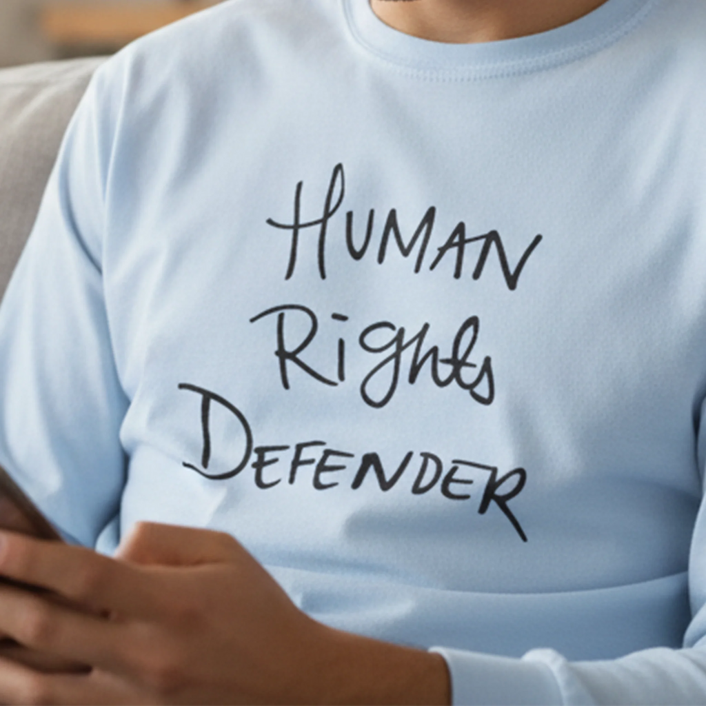 Light blue Human Rights Defender long sleeve tee, black graphic, cozy indoor lifestyle front view.
