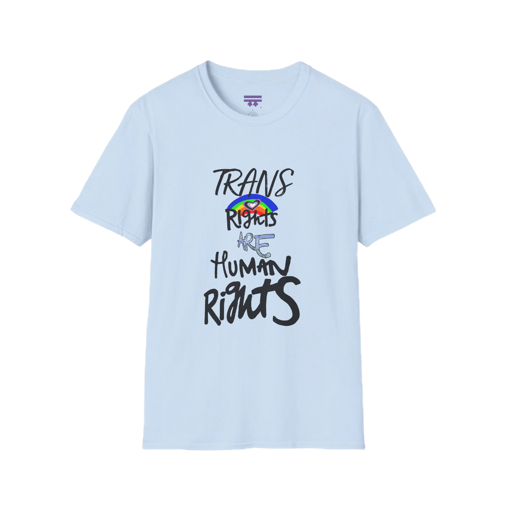 A light blue Trans Rights Are Human Rights T-Shirt — hand-lettered rainbow graphic, front preview — LGBTQ pride tee.