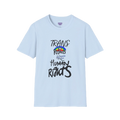 A light blue Trans Rights Are Human Rights T-Shirt — hand-lettered rainbow graphic, front preview — LGBTQ pride tee.