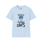 A light blue Trans Rights Are Human Rights T-Shirt — hand-lettered rainbow graphic, front preview — LGBTQ pride tee.