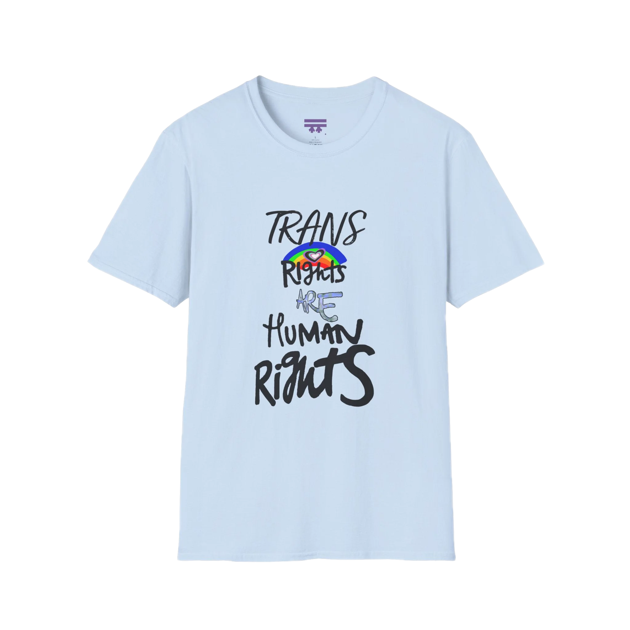 A light blue Trans Rights Are Human Rights T-Shirt — hand-lettered rainbow graphic, front preview — LGBTQ pride tee.