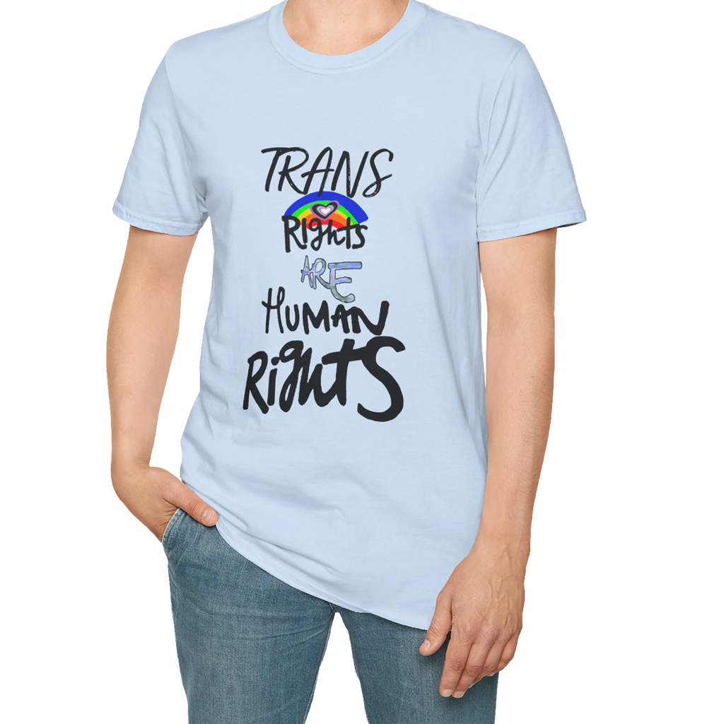 A person wearing the light blue Trans Rights Are Human Rights T-Shirt.