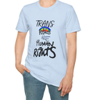 A person wearing the light blue Trans Rights Are Human Rights T-Shirt.