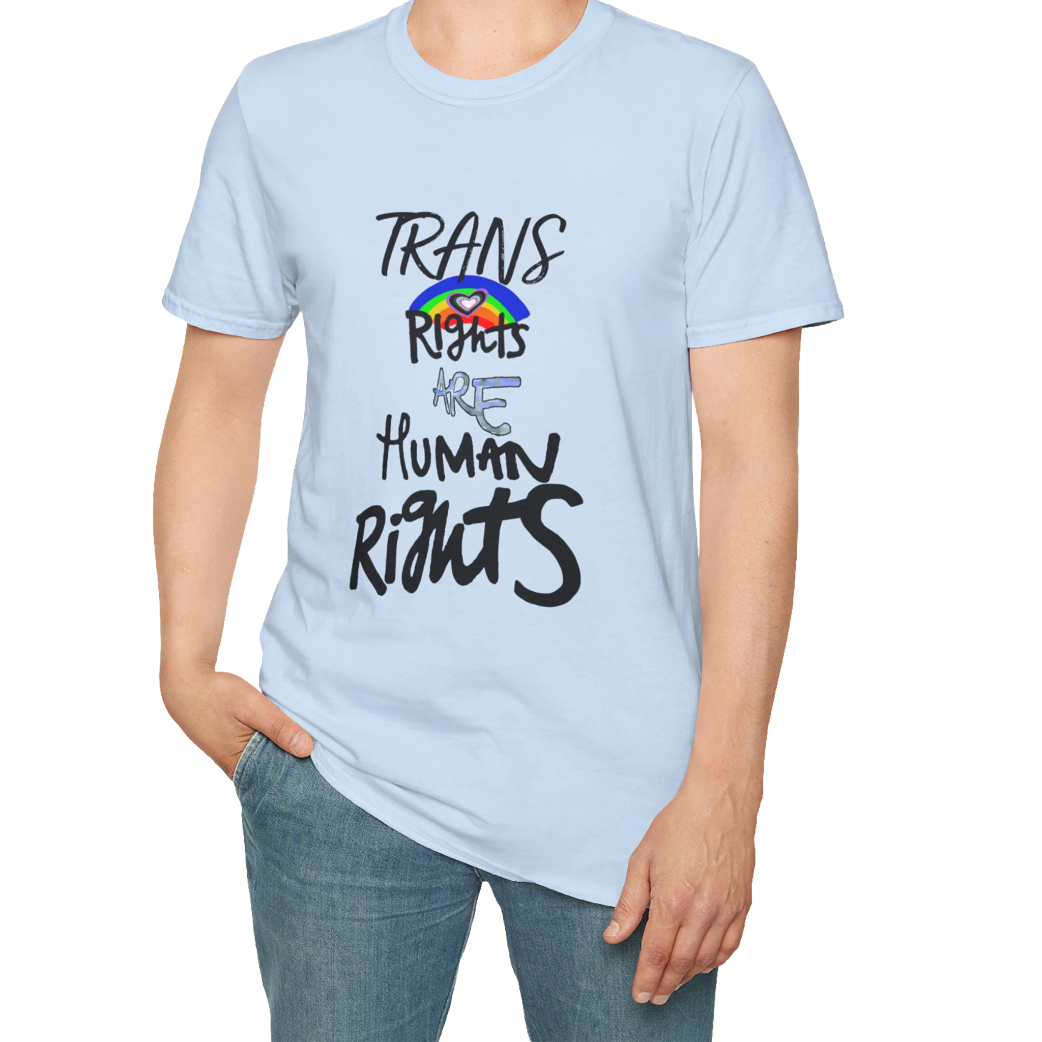 A person wearing the light blue Trans Rights Are Human Rights T-Shirt.
