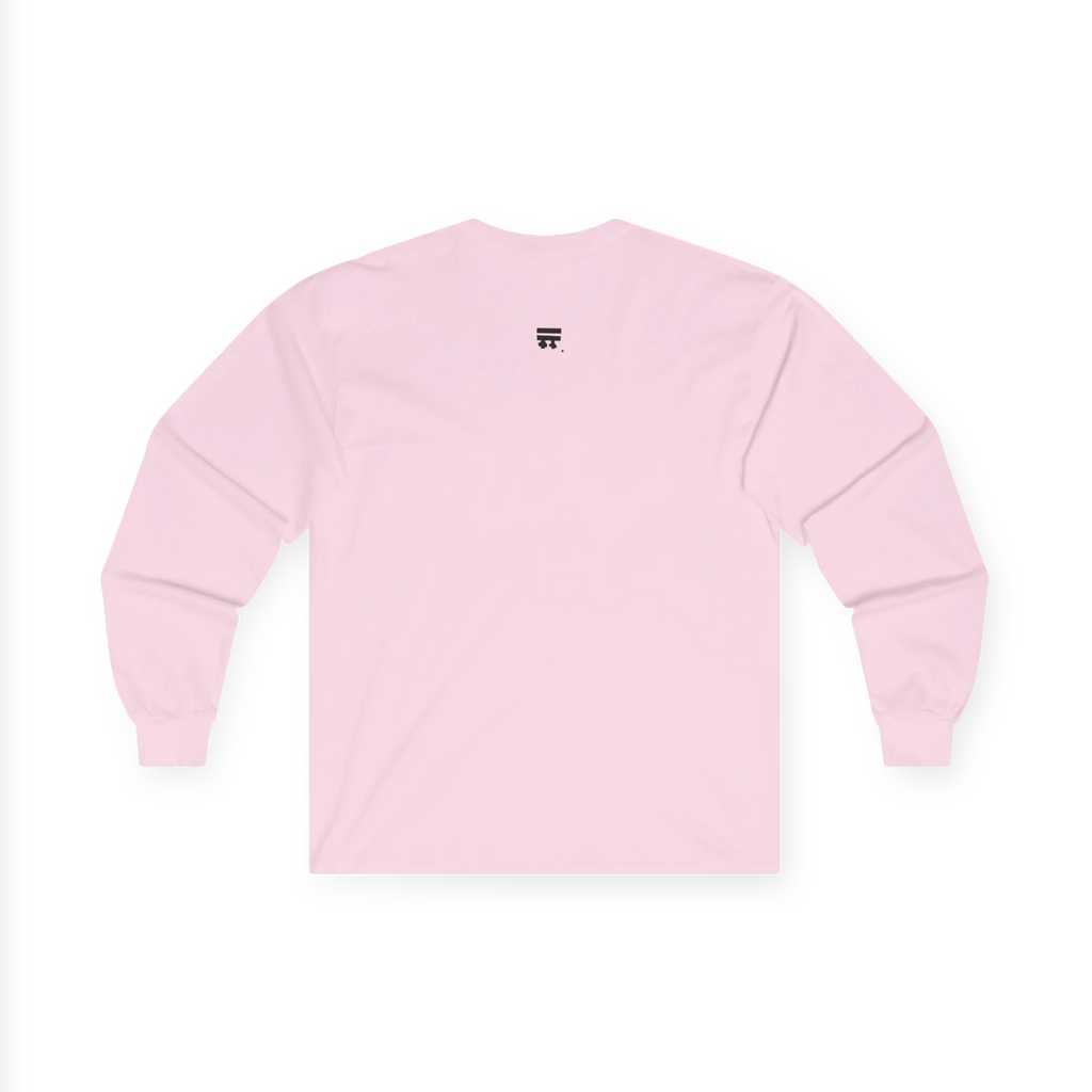 Light Pink Women's Rights long sleeve tee, handwritten Womens Rights Are Human Rights graphic, crew neck, back view.
