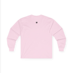 Light Pink Women's Rights long sleeve tee, handwritten Womens Rights Are Human Rights graphic, crew neck, back view.