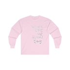Light Pink Women's Rights long sleeve tee, handwritten Womens Rights Are Human Rights graphic, crew neck, front view.