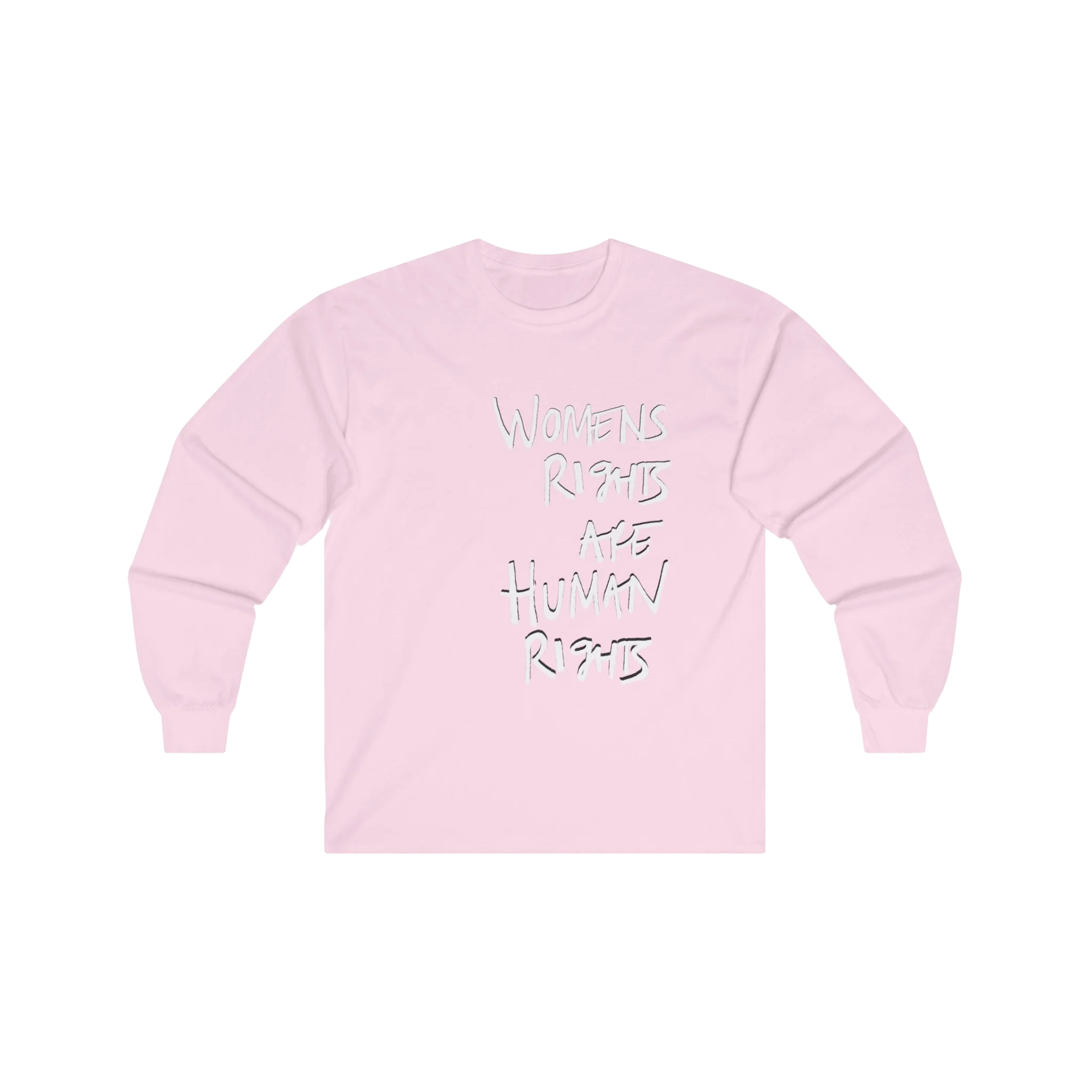 Light Pink Women's Rights long sleeve tee, handwritten Womens Rights Are Human Rights graphic, crew neck, front view.