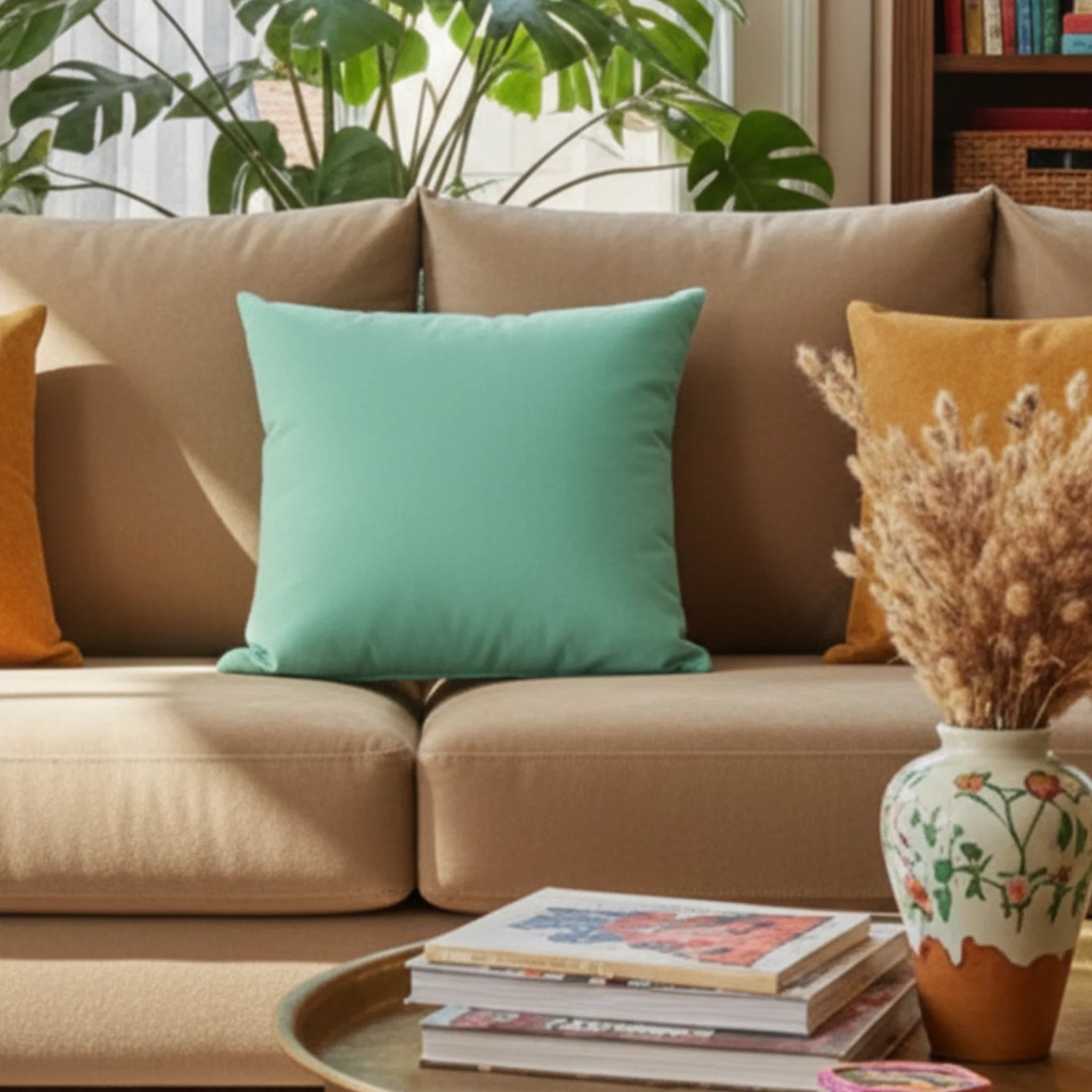 Light sea green faux suede luxury pillow styled on a couch in a modern living room, soft texture, lifestyle view.
