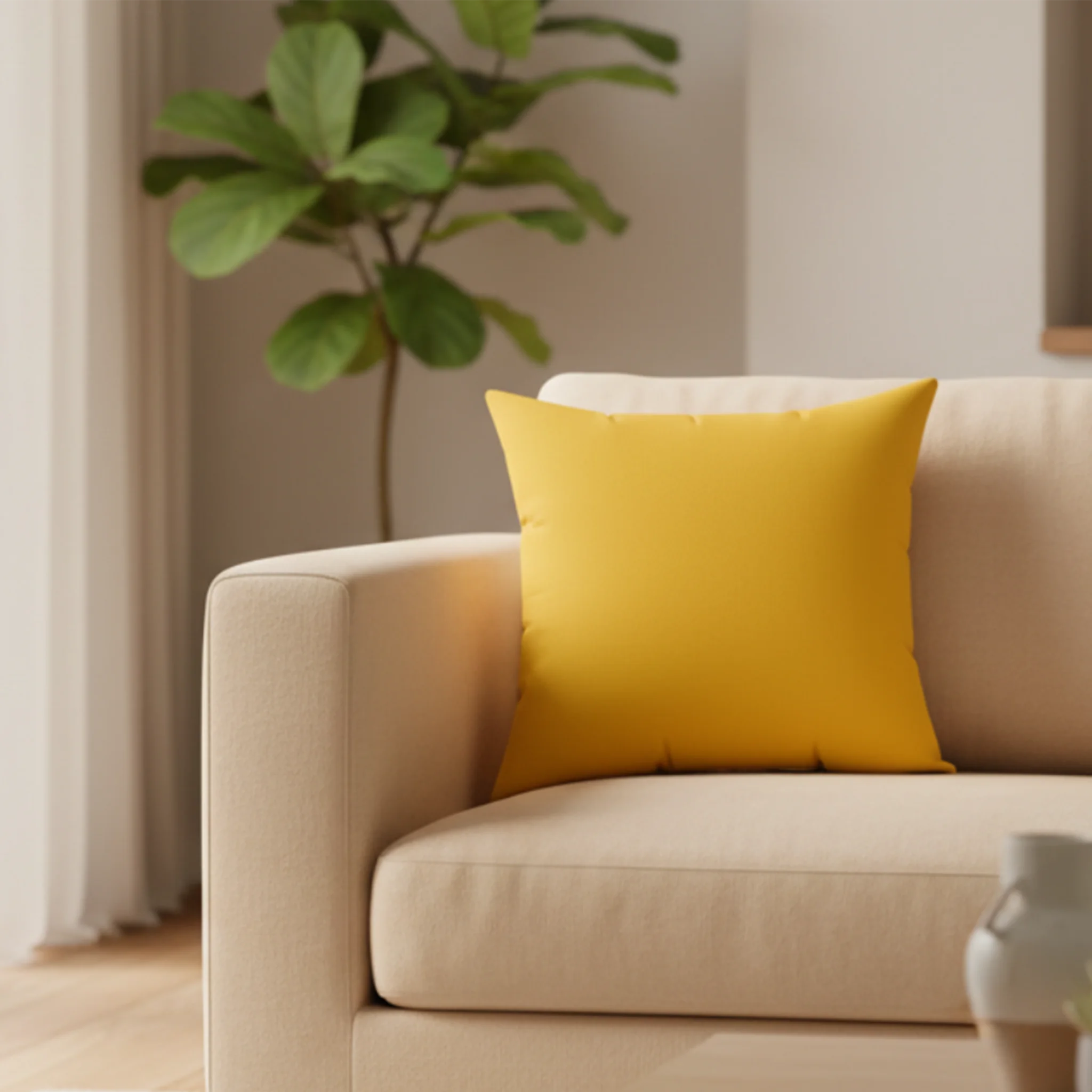 Lightning yellow faux suede throw pillow styled in a modern living room.